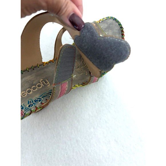 Socofy Wedge Sandals Detailed Cut-Out Leather Women's Sz 11 Retro Artsy - Picture 8 of 10